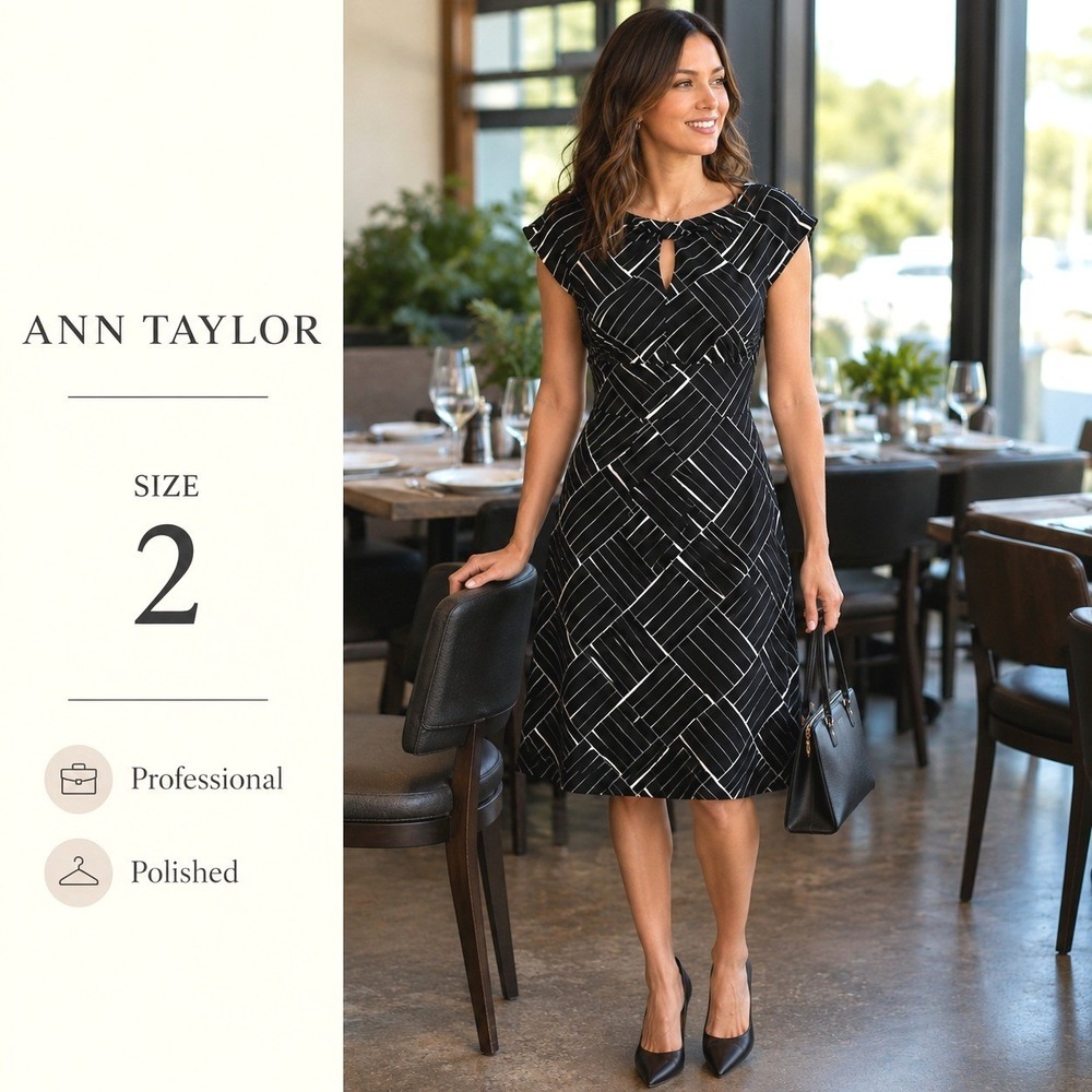 Ann Taylor Dress Womens 2 Black White Geometric Sheath Cap Sleeve Modern Office